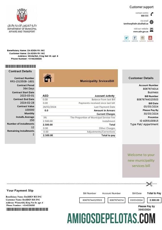 imprimível Modelo de conta de serviços públicos de serviço municipal de Abu Dhabi nos Emirados Árabes Unidos em formatos Word e PDF
